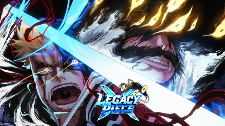 Legacy Piece key art with an ice-blue sword strike and orange flames